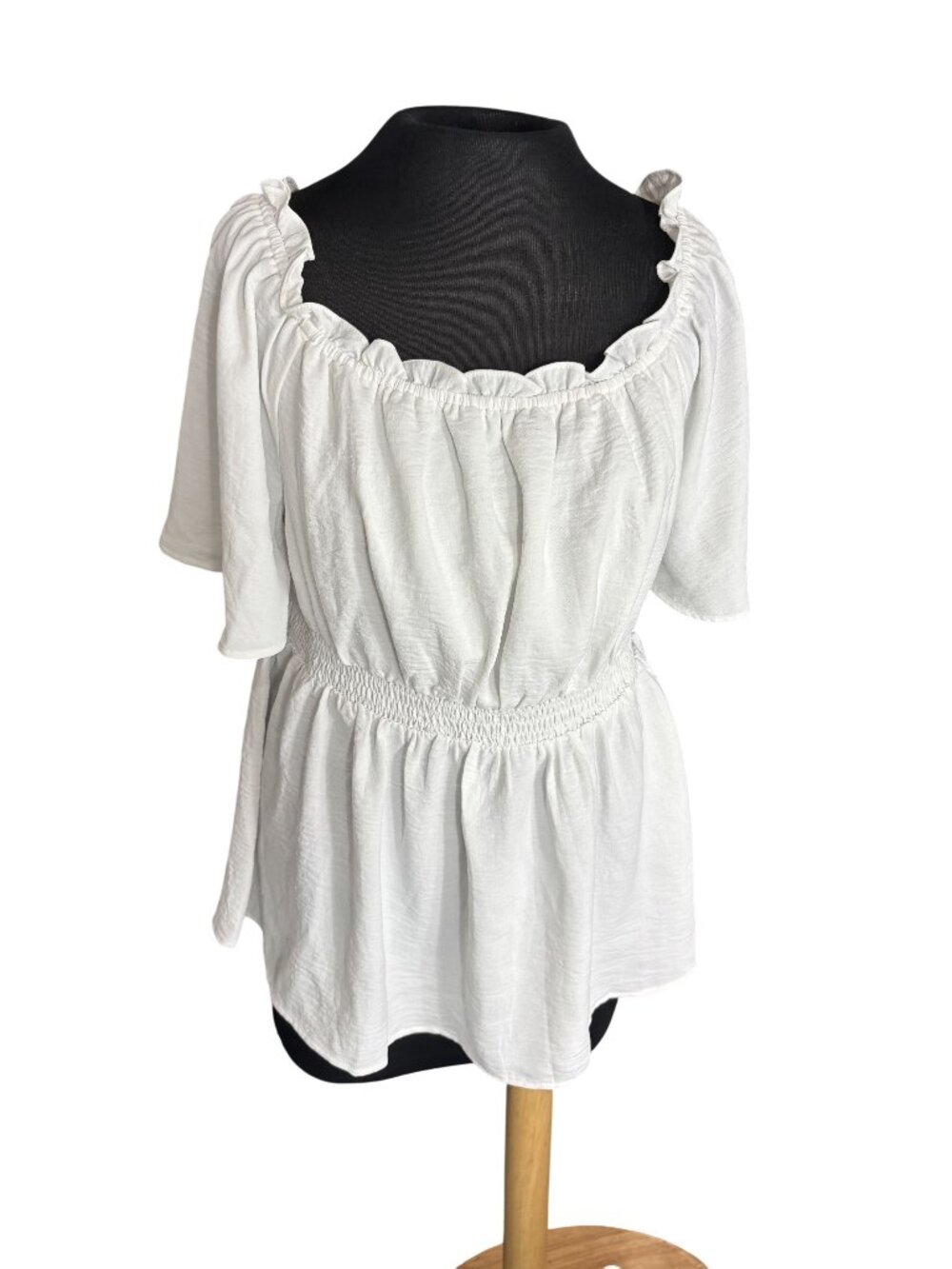 Bebonnie Womens White Smocked Waist Peplum Blouse With Ruffle Trim & Short Sleev